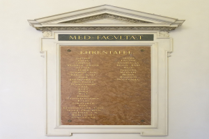 Rechteckige weiße Plakette mit schwarzer fetter Schrift "Med Facilitat" in der Mitte auf einer Gebäudewand.