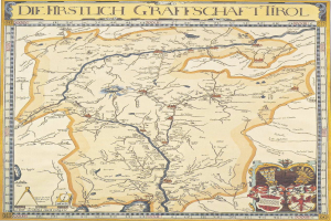 Eine detaillierte Karte der ersten deutschen Grafschaft Tirol, die geographische Elemente wie Flüsse, Berge und Städte zeigt und von informativen Texten und Bildern begleitet wird.