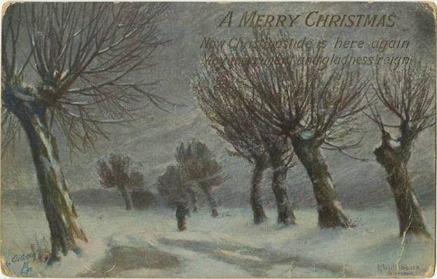 Altmodische Weihnachtskarte mit verschneiter Landschaft im Hintergrund und Text, der eine fröhliche Weihnachten wünscht.