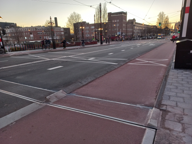 Eine Stadtstraße mit einem Fahrradweg, Fahrzeugen, Radfahrern, Laternenpfählen, Bäumen, Gebäuden mit Fenstern und einem Geländer, unter einem sichtbaren Himmel.