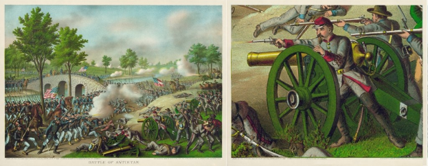 Ein Plakat, das die Schlacht von Antietam zeigt, mit Soldaten, die stehen, liegen und Gewehre halten, vor Bäumen, einer Brücke, Flaggen, Rauch und einem bewölkten Himmel, mit Text unten.