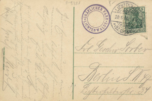 Alte Postkarte mit einer Briefmarke, die "Lichtenwald, Deutschland - Einschreiben nach Deutschland" lautet, mit handgeschriebener Text und zwei zusätzlichen Briefmarken in der oberen rechten Ecke.