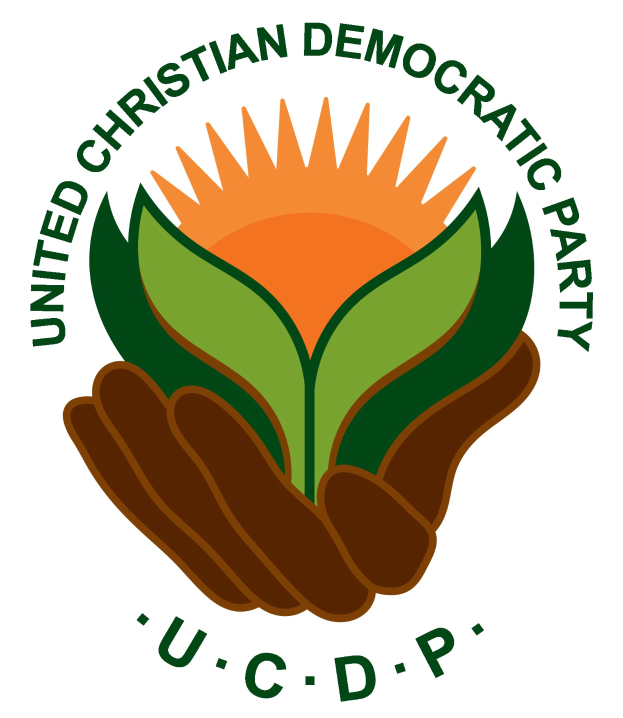 Logo der Vereinigte Christdemokratische Partei (UCDP): eine Hand, die eine leuchtend gelbe Blume mit einem grünen Stiel und Blättern hält, mittig in einem blauen und gelben Kreis auf einem weißen Hintergrund, mit der schwarzen Schrift 'UCDP' darunter.
