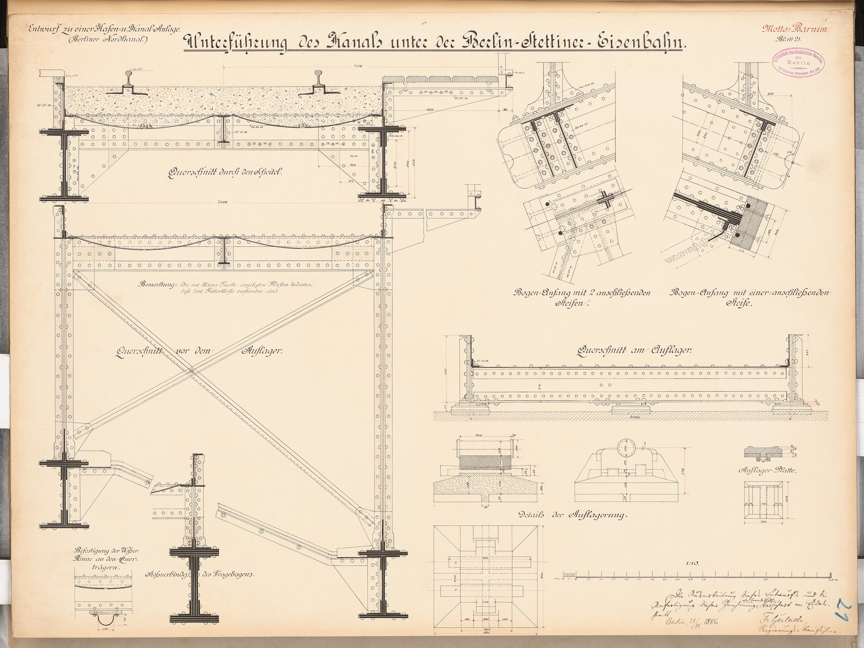 Ausführlicher Architekturplan der Berlin-Sienbahnbrücke mit strukturellen Entwürfen und Anmerkungen auf Papier.