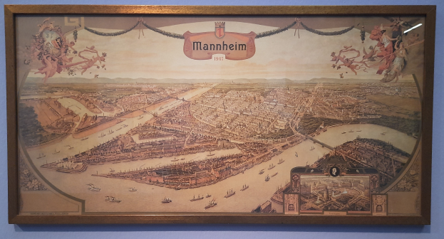 Gemälde einer lebendigen Stadtlandschaft in einem Museum ausgestellt, gerahmt und an der Wand gehängt.