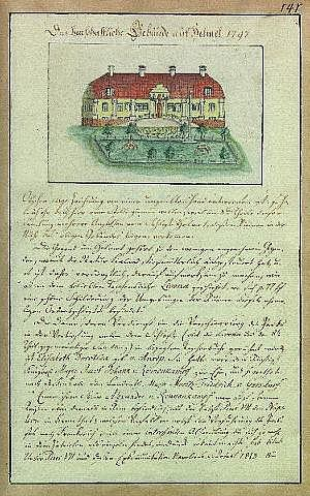 Altes Dokument mit detaillierter Zeichnung eines weißen Hauses mit rotem Dach, signiert von der Schleswig-Holstein-Schule Delmar, datiert 1797.