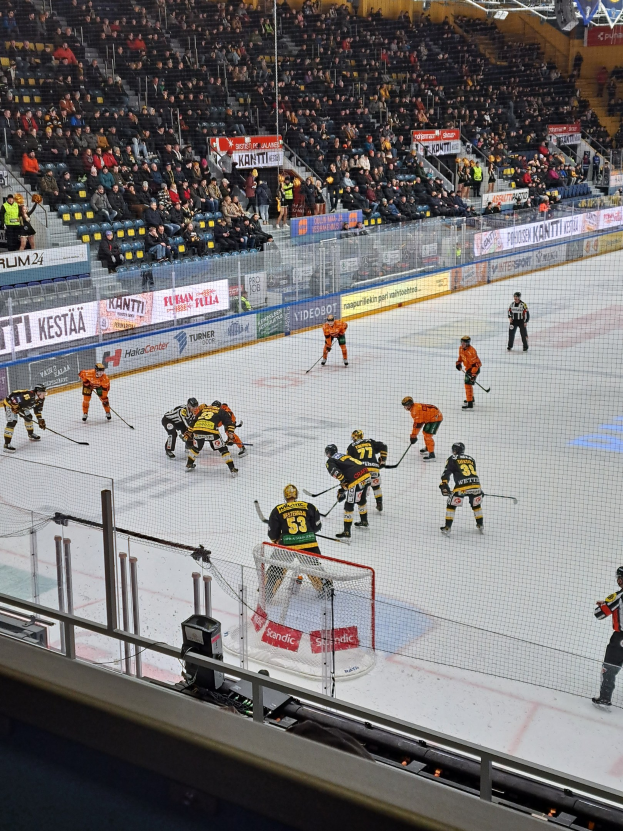 Gruppe von Menschen, die Hockey auf einem Eisstadion mit einem Netz und einer Umzäunung spielen, Zuschauern im Hintergrund, Bannern und Überdachungsbeleuchtung.