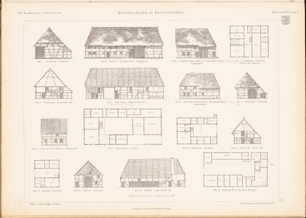 Ein offenes altes Buch zeigt Architekturpläne und Zeichnungen verschiedener Hausentwürfe mit begleitendem Text.