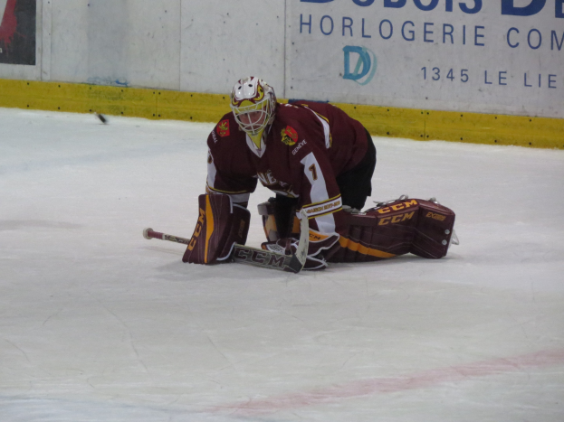 Hockeyspieler in rot-gelber Uniform, der einen Schuss auf dem Eis abwehrt, trägt Helm, Handschuhe und Knieschoner und hält einen Hockeystock, vor einer Wand mit Text im Hintergrund.