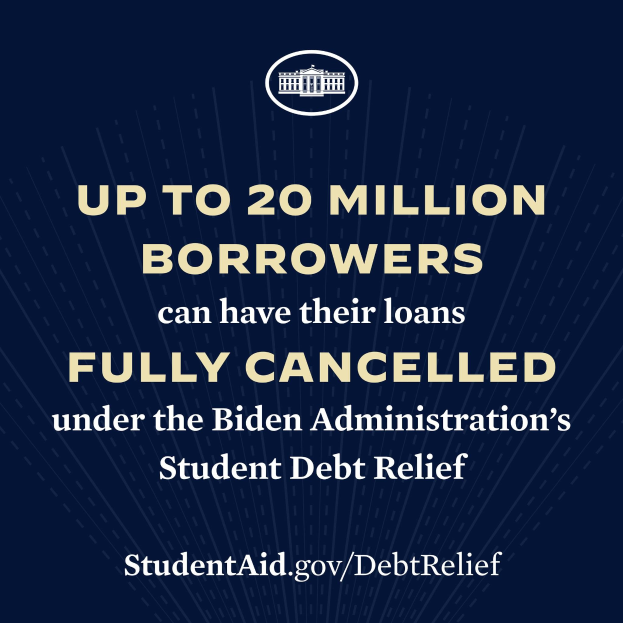 Plakat, das bis zu 20 Millionen Kreditnehmer ihre Kredite unter dem Schuldenentlastungsprogramm der Biden-Regierung vollständig stornieren können, mit Text und Logo.