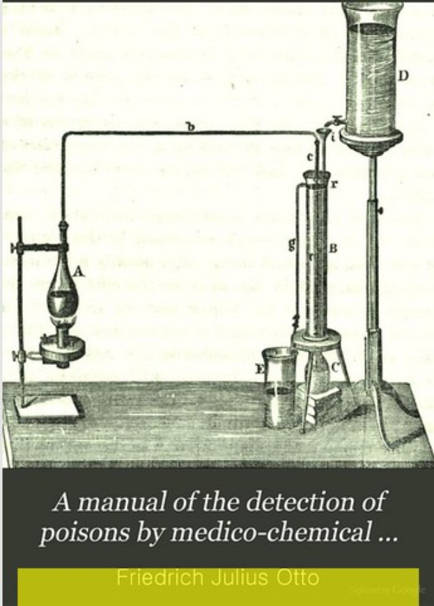 Ein Plakat mit einem zentralen Kolben, der mit Flüssigkeit gefüllt ist und von anderen Kolben und Reagenzgläsern umgeben ist, mit der Beschriftung "Ein Handbuch zur Detektion von Giften durch Medizinalchemie" unten.