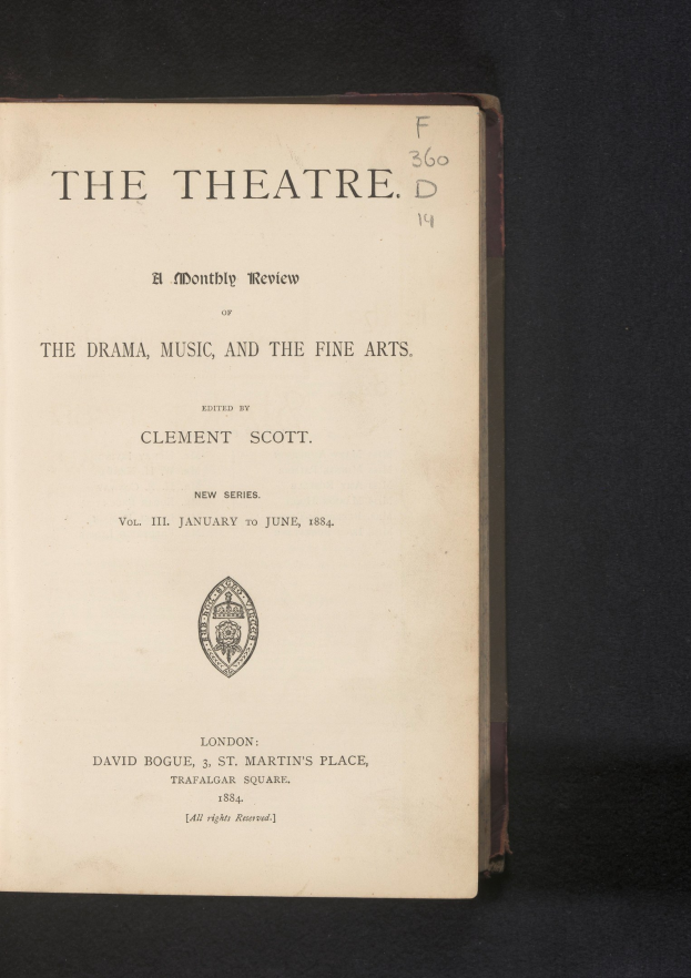Ein Buch mit dem Titel "The Theatre: A Monthly Review of the Drama, Music, and the Fine Arts" öffnet sich auf einer Seite mit Text und einem Logo.