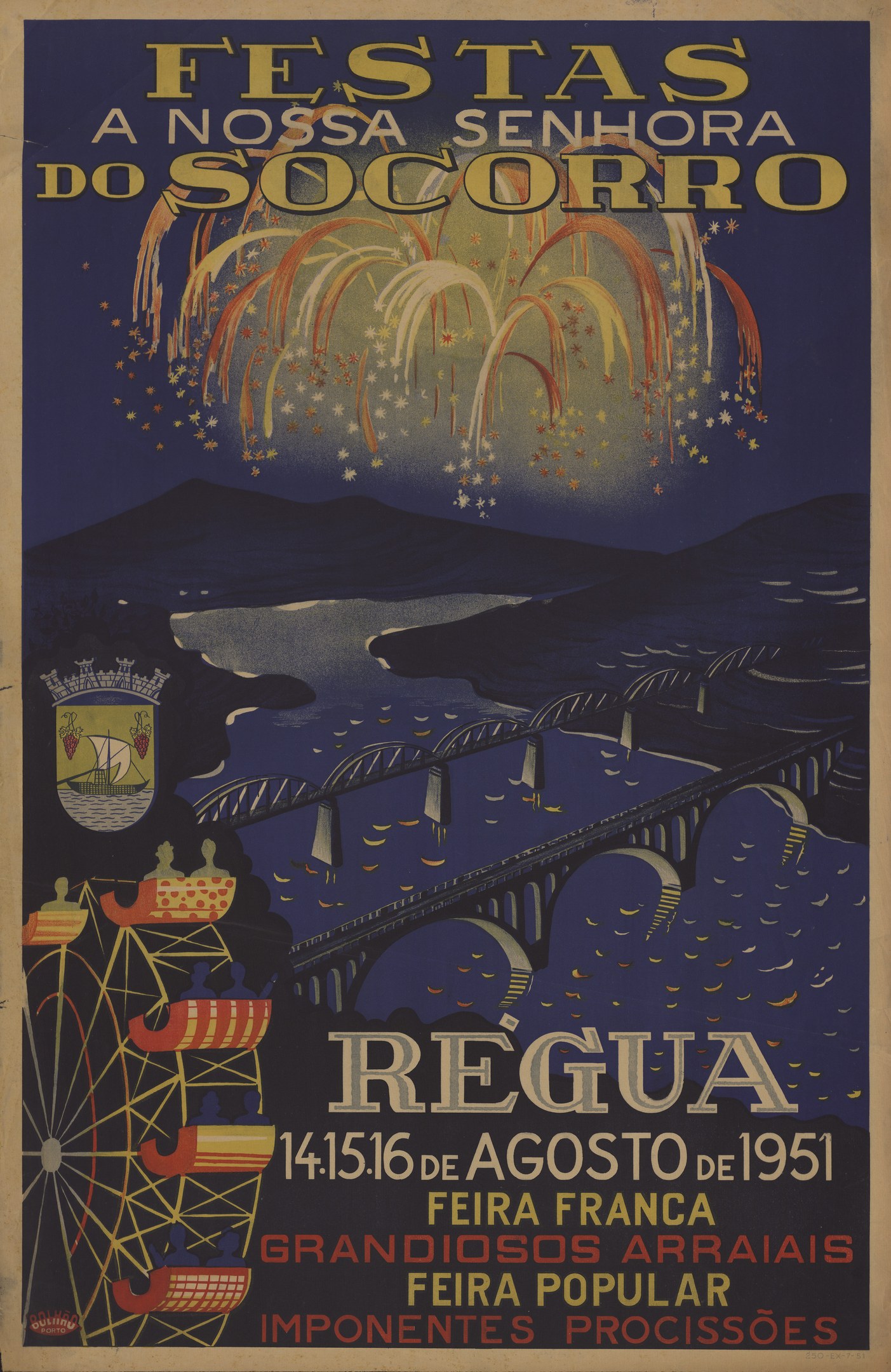 Festivalplakat in Brasilien mit einer Brücke über Wasser, Hügel im Hintergrund und Feuerwerk, mit Text, der Festivaldetails bereitstellt.