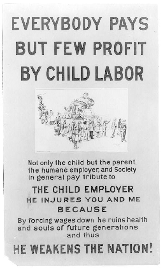Schwarz-weiß-Plakat mit Text "Jeder zahlt, aber wenige profitieren von Kinderarbeit" mit einer Gruppe von Menschen.