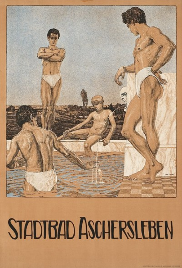 Plakat, das einen Schwimmbadbesuch in Aschersleben, Deutschland, zeigt, mit Menschen im Wasser und einem sitzenden Menschen sowie Text, der Details über das Schwimmbad bereitstellt.