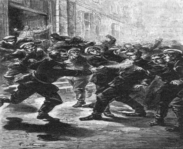 Schwarze und weiße Illustration einer gewalttätigen Straßenschlägerei zwischen einer Gruppe von Männern, mit einem Gebäude im Hintergrund und der Bildunterschrift "Victorianische Unruhen in London, England" unten.