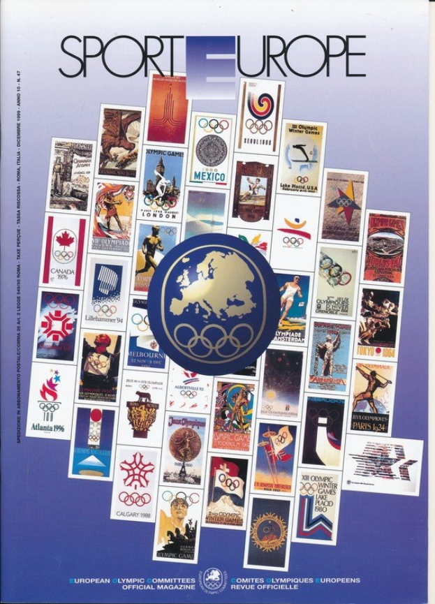 Ein Buchumschlag mit dem Titel "Sporting Europe", der farbenfrohe olympische Bilder, Symbole und Text enthält.