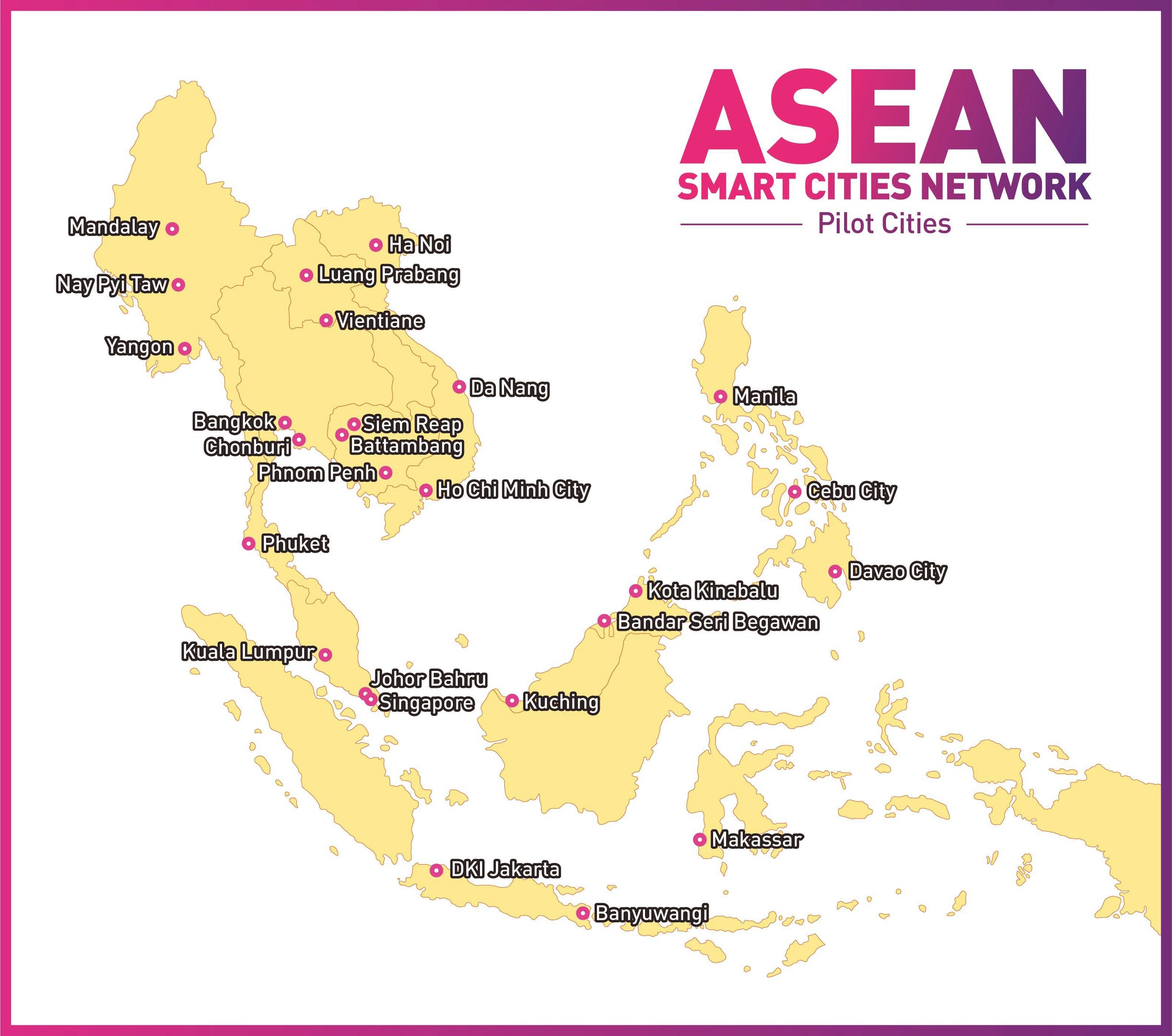 Karte des ASEAN-Netzwerks intelligenter Städte mit einer detaillierten Darstellung der Pilotstädte und -orte.