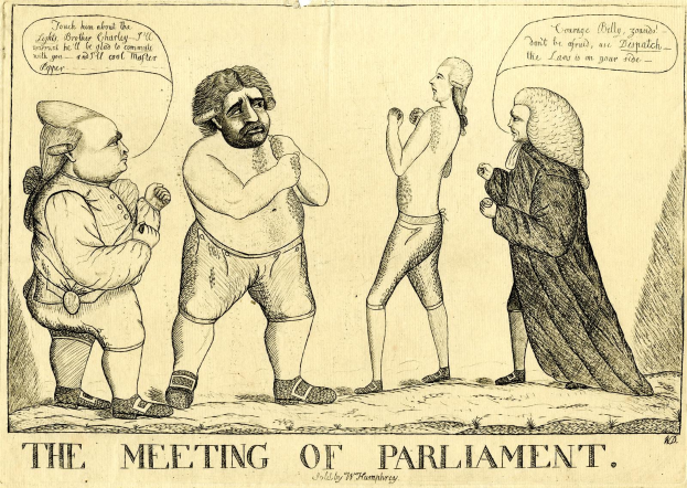 Ein Papier mit der Zeichnung "Die Parlamentssitzung" zeigt drei Personen, die diskutieren, wobei eine Person lebhaft gestikuliert.