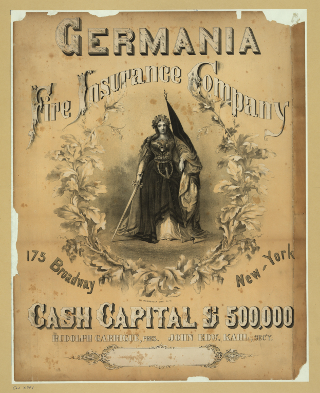 Eine alte Werbung für die Germania Fire Insurance Company, die ein zentrales Bild einer Frau zeigt, mit Text, der die Dienstleistungen des Unternehmens beschreibt.