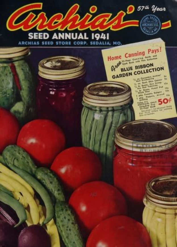 Ein Buch mit dem Titel "Archias Saatgut-Jahrbuch 1941" mit einem Cover, das Tomaten, Gurken, Paprika und Gläser mit verschiedenen Gemüsen zeigt.