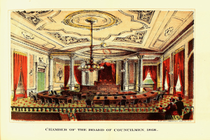 Ein detaillierter Entwurf des Rates der Stadtverordnetenversammlung von 1868, der Möbel, architektonische Elemente und einige Personen mit sichtbarem Text auf Papier zeigt.