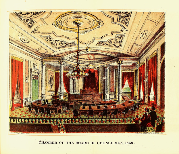 Ein detaillierter Entwurf des Rates der Stadtverordnetenversammlung von 1868, der Möbel, architektonische Elemente und einige Personen mit sichtbarem Text auf Papier zeigt.