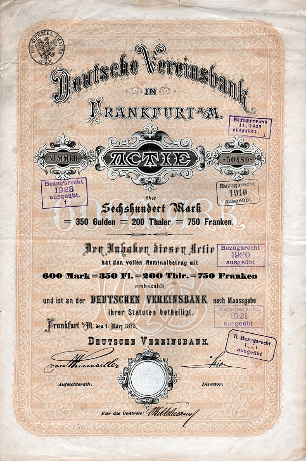 Ein altes deutsches Wertpapier, ausgestellt von der Deutschen Vereinsbank in Frankfurt, Deutschland, auf Papier gedruckt.