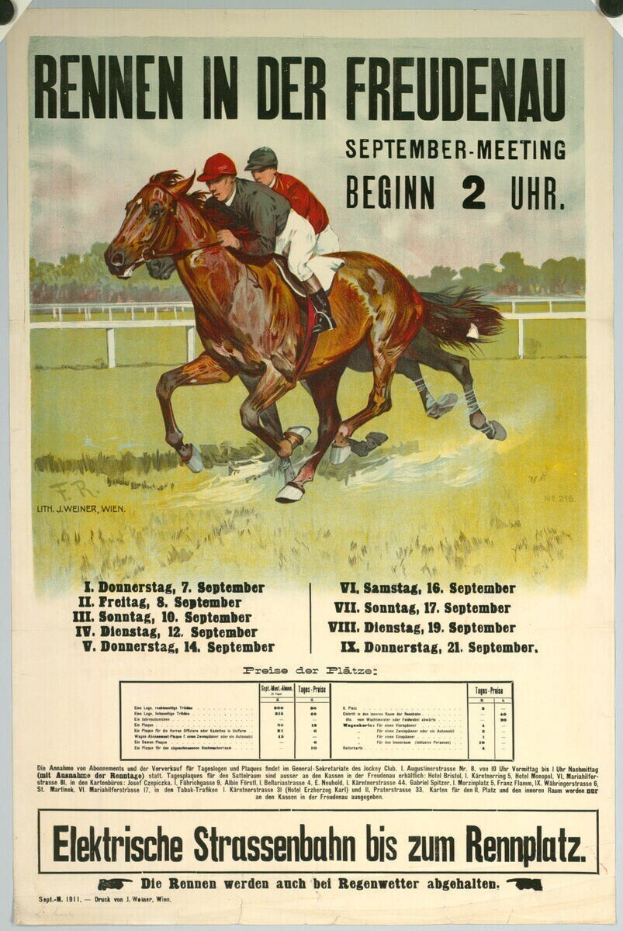 Plakat, das ein Pferderennen in Deutschland ankündigt, mit zwei Reitern auf Pferden im Vordergrund und Bäumen im Hintergrund sowie Text, der Renn-details bereitstellt.