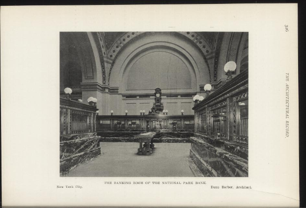 Schwarze und weiße Fotografie des Bankettsaals der National Park Bank in New York City, mit Tischen, Lampen, einer Uhr an der Wand und Text unten.