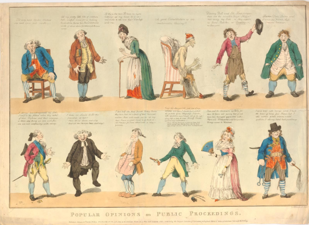 Papier mit gedruckten Bildern von Menschen und handgeschriebenem Text, der öffentliche Meinungen zu juristischen Verfahren zusammenfasst.