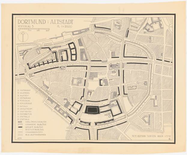 Detaillierte alte Karte von Dortmund, Deutschland, mit Straßen, Gebäuden und Sehenswürdigkeiten auf weißem Hintergrund.