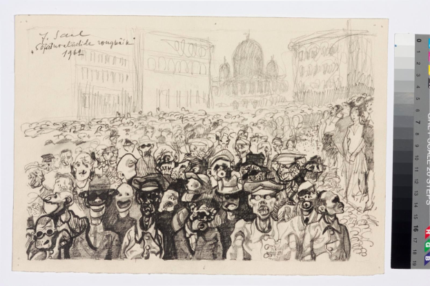 Schwarze und weiße Zeichnung einer Protestaktion mit Menschen, die Gesten machen und Parolen rufen, vor einem hohen Gebäude, begleitet von Text und Farbskalen.