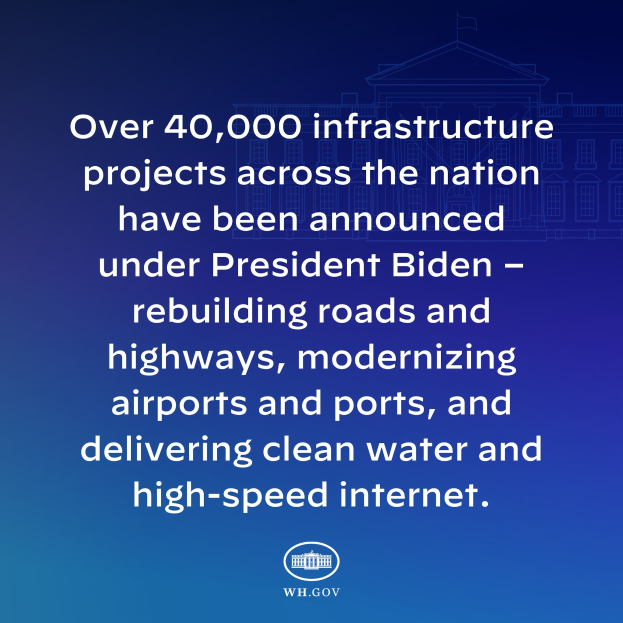 Blauer Hintergrund mit weißer Schrift, die besagt "über 40.000 Infrastrukturprojekte bundesweit wurden unter Präsident Biden angekündigt" in der Mitte des Bildes, mit einem Logo unten positioniert.