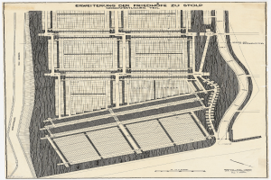 Ein altes Stadtplan mit zahlreichen Gebäuden und einem Stadtplan, der Text enthält, der das Stadtlayout beschreibt.