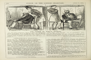 Ein altes Buchcover mit einem Mann in einem Anzug sitzend in einem Stuhl mit einem ernsten Gesichtsausdruck und einer Frau daneben, die nachdenklich aussieht, mit dem Titel "Die Macht der öffentlichen Meinung" sichtbar.