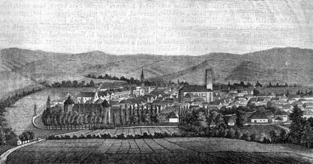 Eine Schwarz-Weiß-Zeichnung einer kleinen Stadt in einem Tal, umgeben von Bäumen und Hügeln, mit der Aufschrift "Bayern, Deutschland, 1857" oben.