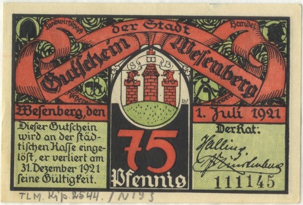 Alte deutsche Banknote mit einem Gebäude, dem Wort 'Bundesliga' und einem Logo auf weißem Hintergrund.
