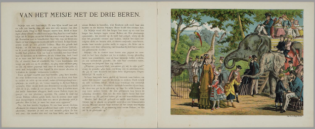 Ein offenes Buch mit dem Titel "Die Geschichte des Zirkus" aus dem Jahr 1885 in den Niederlanden, das eine Illustration von einer Gruppe von Menschen und Tieren in einem Zoo zeigt, umgeben von Bäumen, Vögeln und einem Zaun.