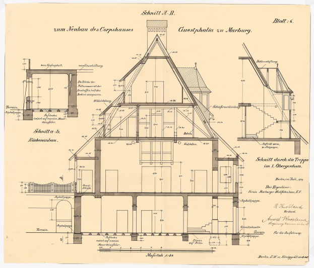 Ein detaillierter architektonischer Entwurf eines Hauses mit zahlreichen Fenstern und einem Dach, identifiziert als das erste Haus in Deutschland, begleitet von Text und Strukturplänen auf Papier.