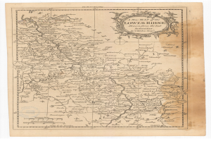 Ein detailliertes altes Kartenbild des Niederrheins, das Flüsse, Berge und Städte mit klassischer Schrift zeigt.