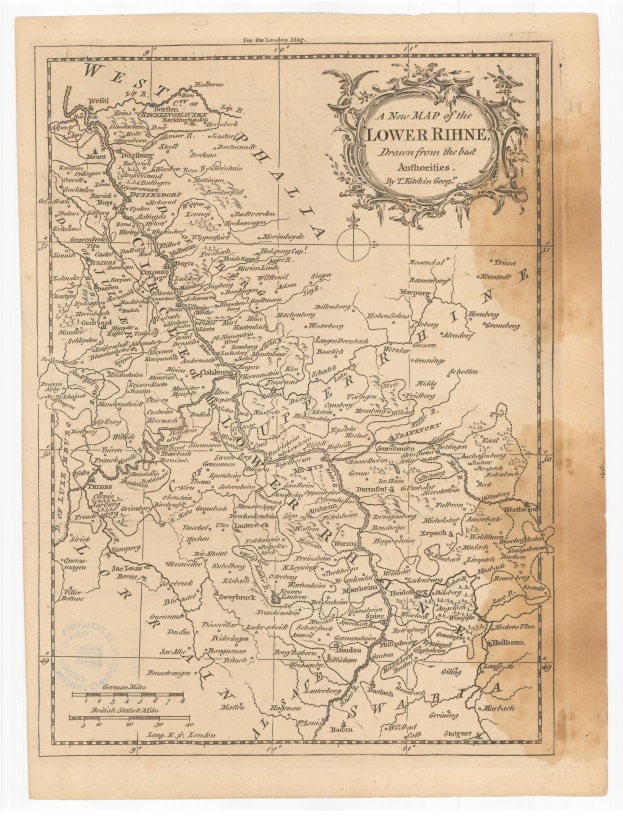 Ein detailliertes altes Kartenbild des Niederrheins, das Flüsse, Berge und Städte mit klassischer Schrift zeigt.