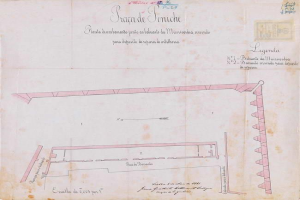 Schwarz-weißer Architekturplan eines zweiten Stockwerks für ein Bürgermeisterhaus, mit Text und einem Gebäudeplan auf altem Papier.