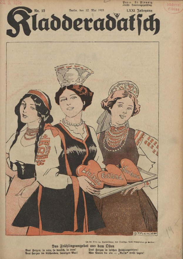 Altes Buchcover mit drei Frauen in traditioneller bayrischer Tracht, eine hält ein herzförmiges Objekt auf einem Teller, mit Text "Riaderadatich, September 1918".