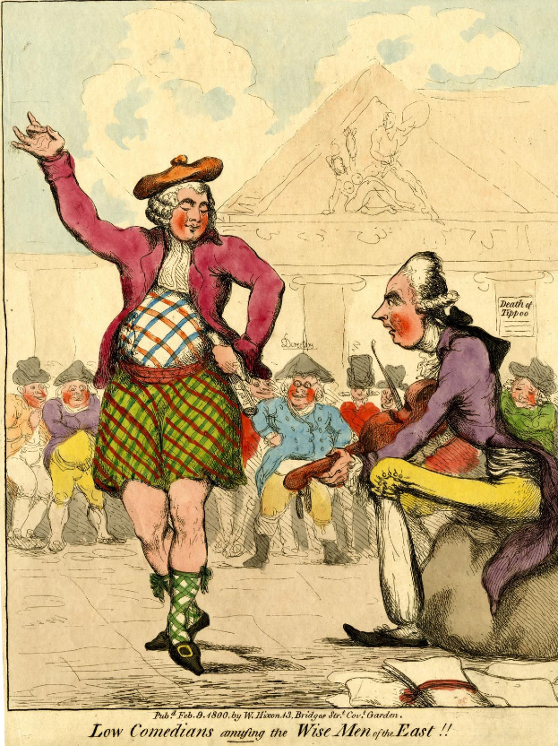 Cartoon-Illustration eines Mannes in einem Kilt und einer Frau in einem Kleid, die vor einem Gebäude unter einem bewölkten Himmel für ein Publikum auftreten, mit der Unterschrift 'Niedrige Komiker amüsieren die weisen Männer des Ostens' unten.