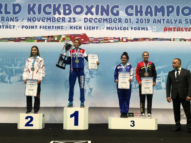 Fünf Menschen mit Trophäen und Zertifikaten auf einem Podium mit einem 'World Kickboxing Championship Antalya 2019'-Plakat im Hintergrund.