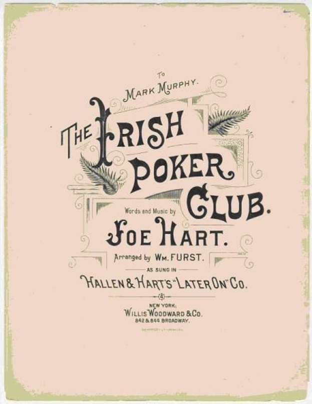Ein Plakat mit der Aufschrift "The Irish Poker Club" mit schwarzem Rand, das eine farbige Kleeblatt-Illustration enthält.