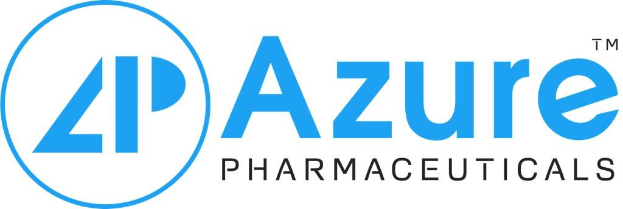 Logo von Azure Pharmaceuticals: Unternehmensname in fettem schwarzen Schriftzug innerhalb eines blauen Kreises mit weißer Umrandung auf weißem Hintergrund.