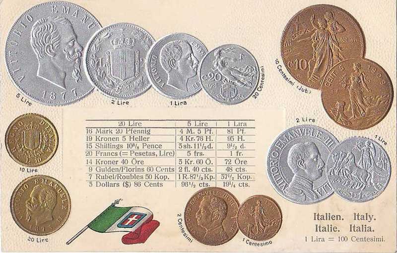 Eine Sammlung italienischer Münzen von 1877–1910, darunter mehrere 20 Lire-Stücke, auf Papier angeordnet mit italienischen Flaggen unten.
