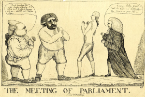 Eine handgezeichnete Skizze von drei Menschen, die stehen und diskutieren, mit einer Person, die animiert gestikuliert, und der Beschriftung "Die Parlamentssitzung" unten.